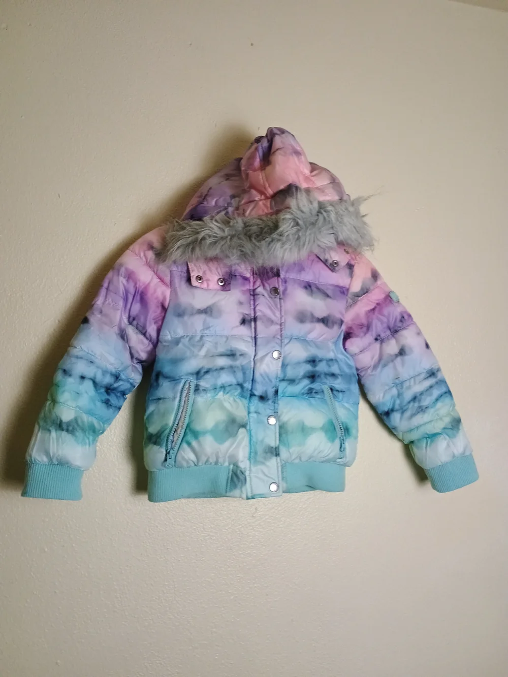 Justice XS | 5/6 Girl's Tie Dye Pastel  Matte Puffer Bomber Faux-Fur Hood Trim